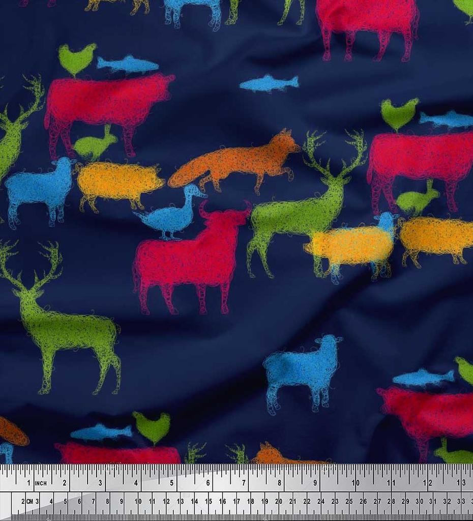 Soimoi Japan Crepe Satin Fabric Birds & Animals Hand Drawn Print Fabric by Metre 42 Inch