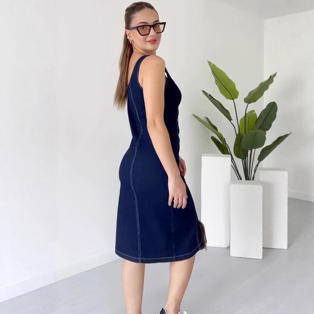 2025 Summer Elegant Square Neck Sleeveless Slit Denim Dress