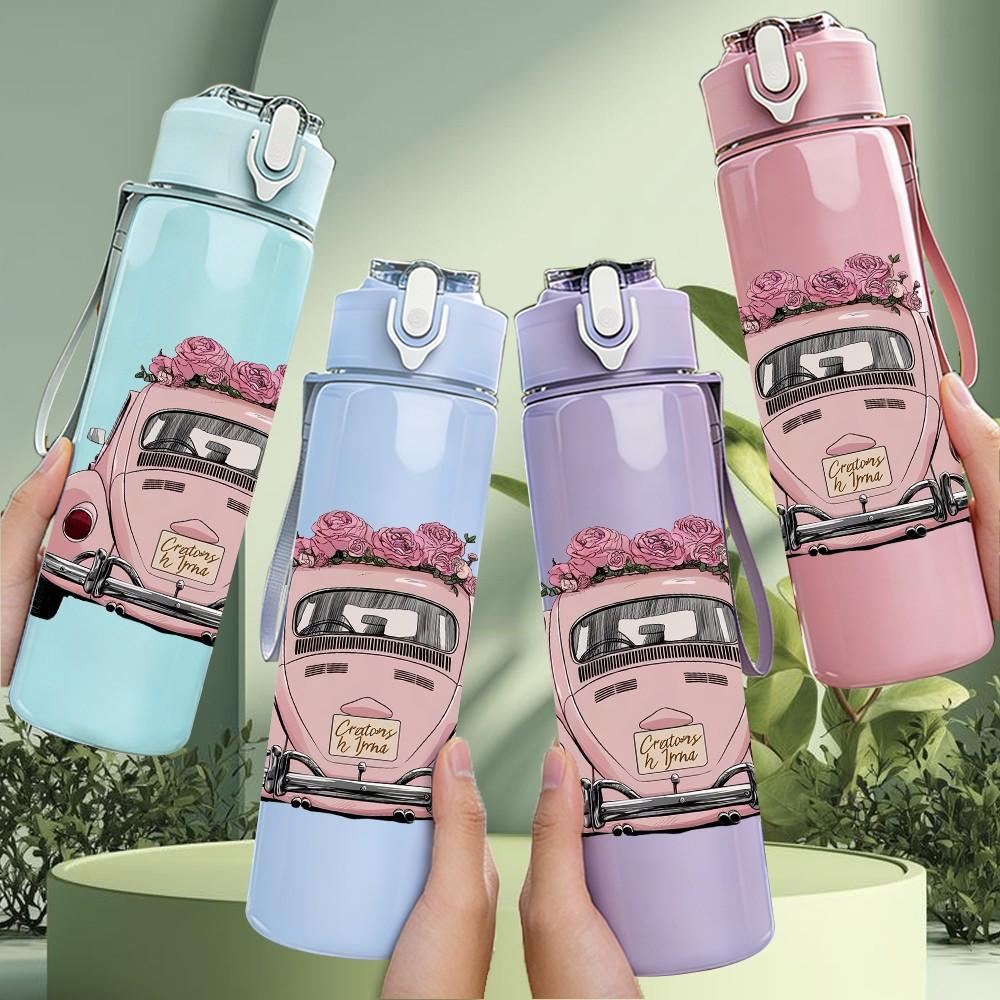 1PC Pink Car Vintage Retro Pattern 750ml Color Plastic Sports Water Bottle Leakproof Flip Straw Lid Suitable for Sports Office Home Use