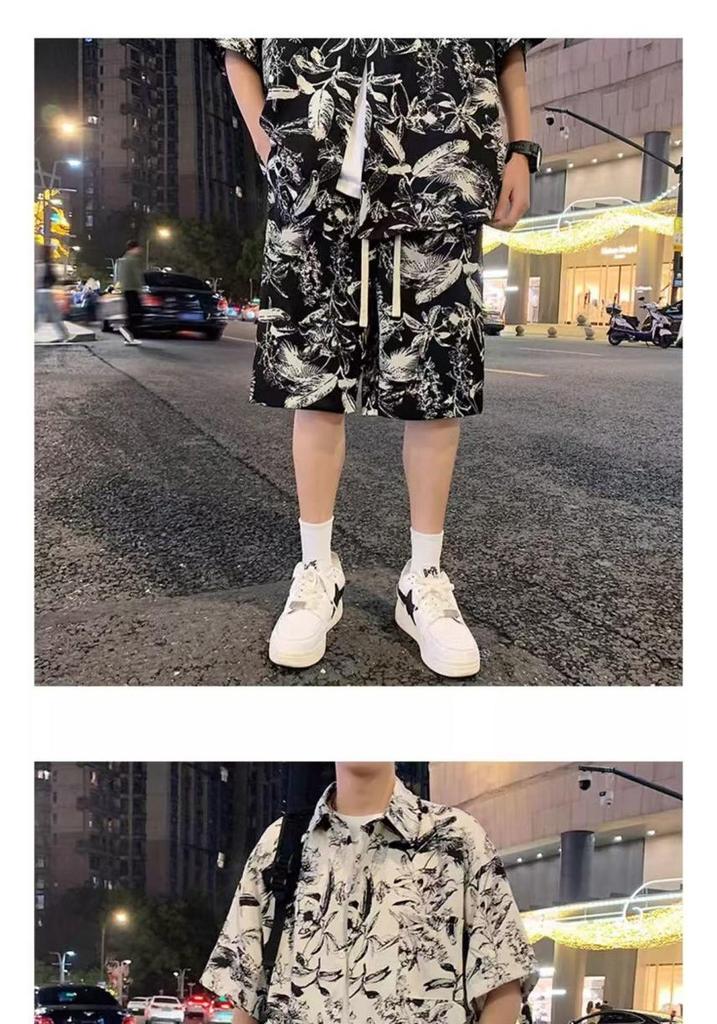 ZY30 Men's Summer Tie-dye Ice Silk Floral Two-piece Casual Set with Short-sleeved Shirt and Shorts