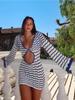 Sexy Boho Striped Chic V-neck Cut Out Bell Sleeve Knit Dress 2025 Summer Women Seaside Holiday Mini A-Line Dress K123