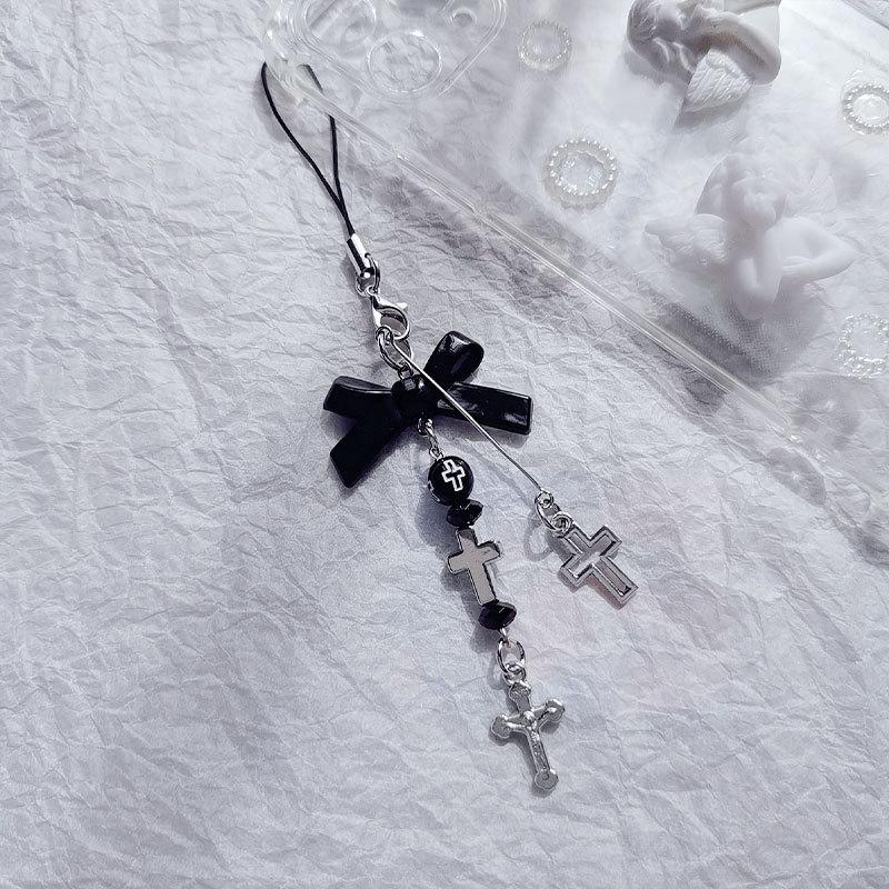 Goth Y2K Phone Strap Black Bowknot Phone Lanyard Cell Phone Cross Pendant Key Holder Hanging Decoration
