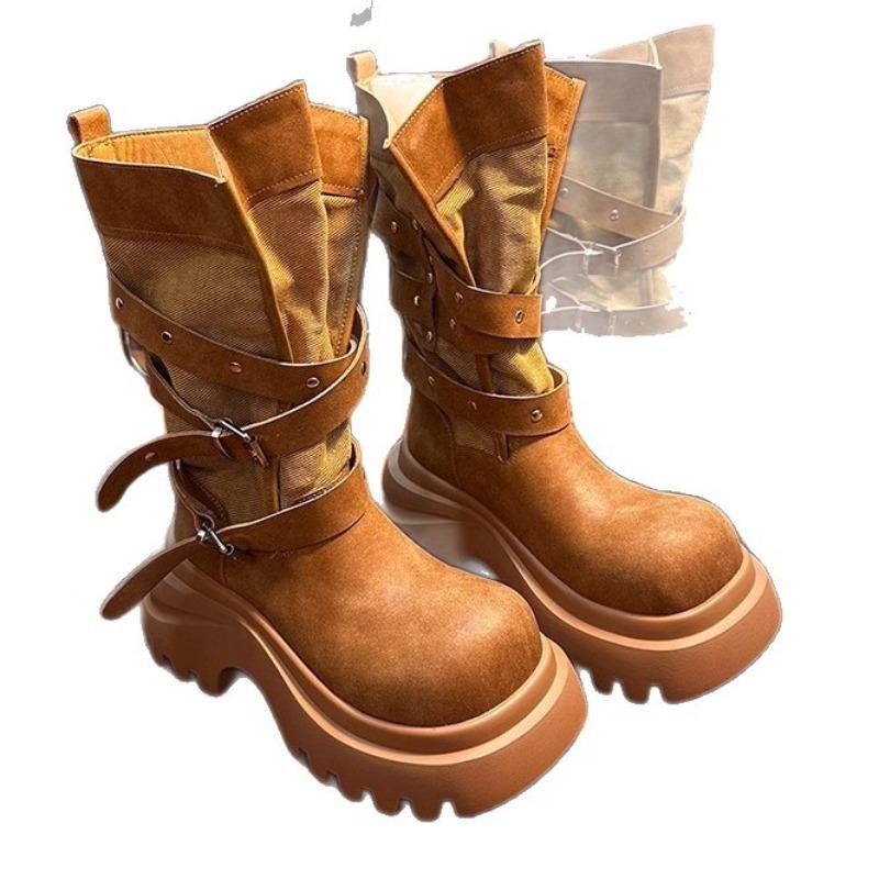 Leather Martin boots Children's belt buckle locomotive boots Thick sole heightening small knight boots Medium boots