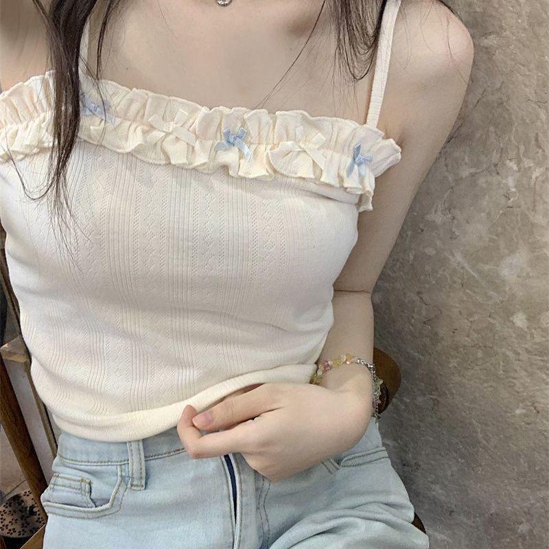Korean Style Bowknot Patchwork Camisole with Chest Pads - Women's Summer Spicy Girl Lingerie