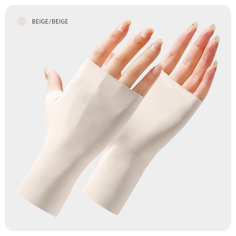 

Non-Printed Half Finger Ice Silk Sun Protection Gloves Women Summer Thin Breathable Driving Riding Nail Protection Open Finger Touch Screen Beige [even finger]]