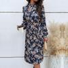 Spring Women Turn Down Collar Long Sleeve Pleated Lace Up Floral Short Chic Dress