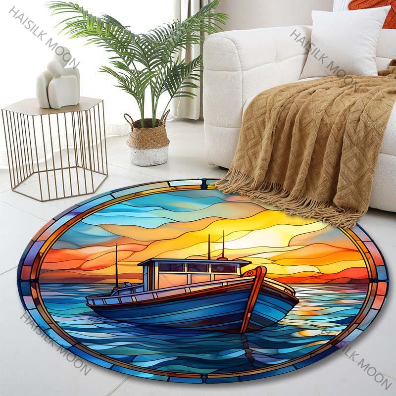 

Multiple sizes Stained glass boat at sunset Print Round Carpet Living Room Bedroom Table Chair Sofa Decorative Carpet Diameter -60cm