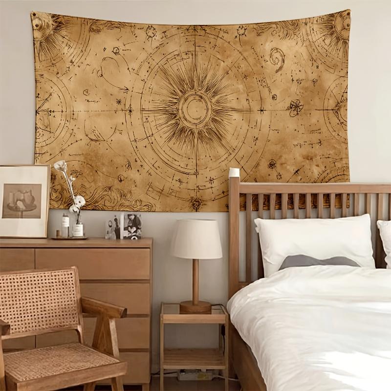 Antique Compass Map Tapestry 2D Digital Print Polyester Wall Hanging Living Room Bedroom Office Studio Decor with Hooks