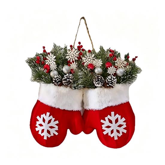 Traditional Red White Wreath Christmas Mitten/Stocking Wreath, Decorative Artificial with Berries Pine Cones, Farmhouse Style Door Hanger Branches,