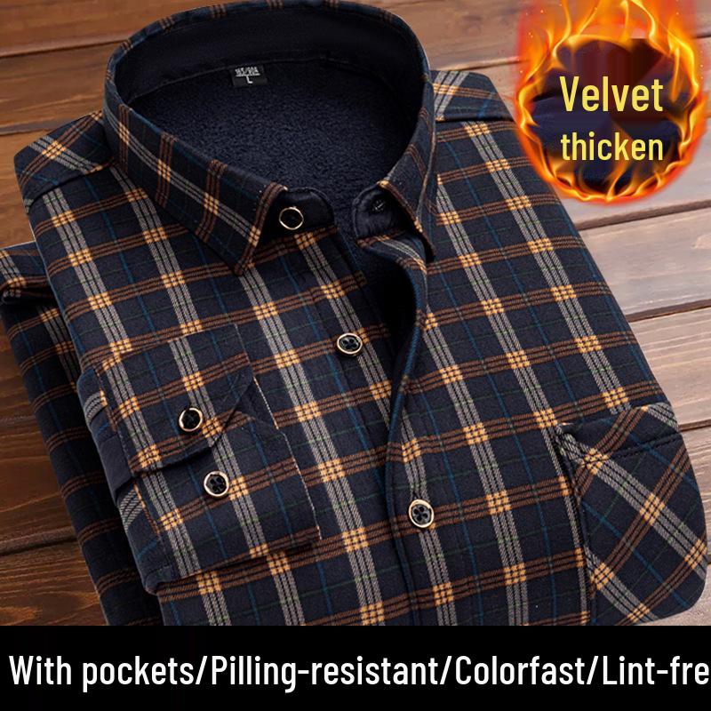 Men's Retro Plaid Fleece-lined Winter Shirt - Thick, Warm, Long-sleeved Casual Top for Middle-aged and Elderly