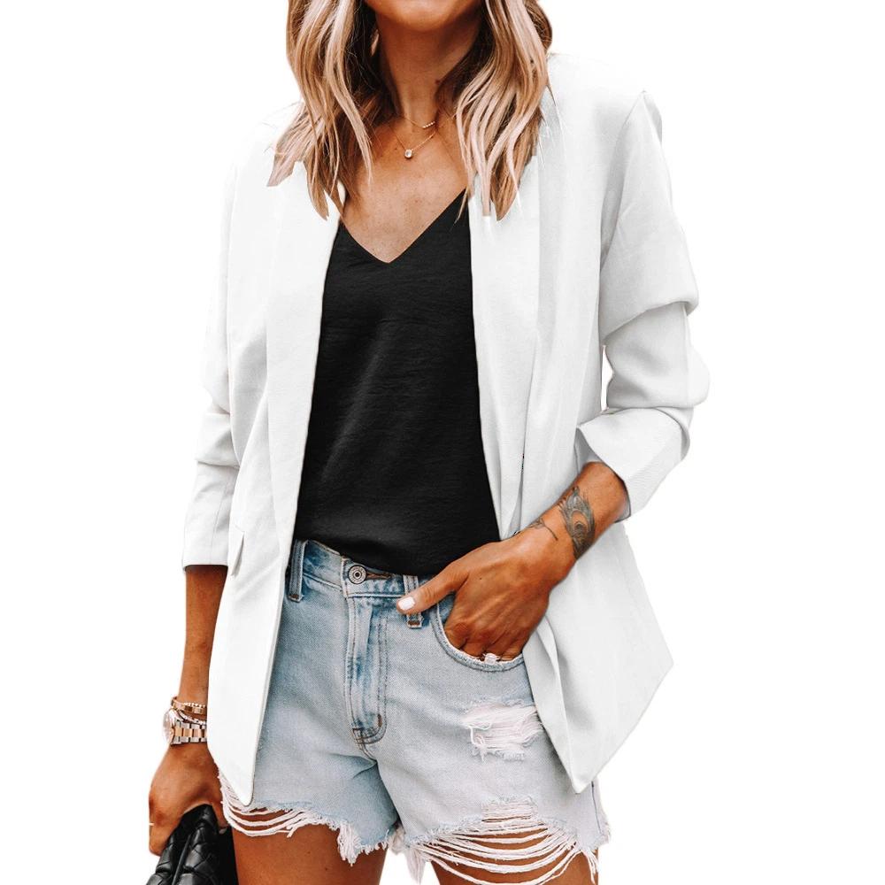 Damen Neue Mode Lässiger Büro-Blazer Jacke Offene Vorderseite Reverskragen 3/4 Ärmel Mittellang Einfarbige Elegante Pendler-Oberbekleidung für Damen
