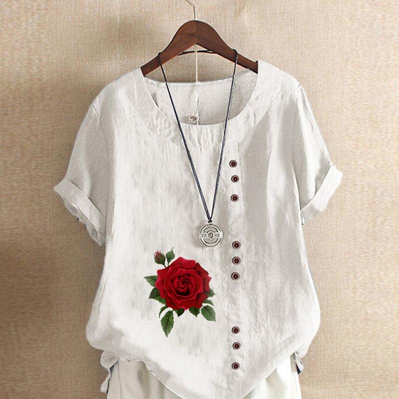 Damenmode Rose Print Rundhals Kurzarm T-Shirt Lässiges Baumwoll-Leinen Grafikhemd Freizeit Lose Sommer Bluse Tops