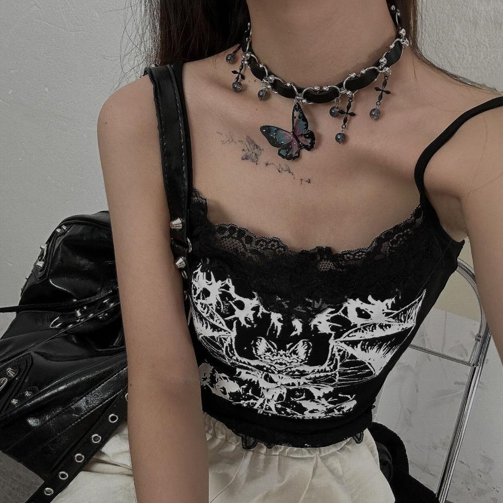 Y2K Punk Simulation Blue Flower Butterfly Pendant Cross Crystal Bead Tassels Black Cortex Collar Necklace for Women Jewelry Gift