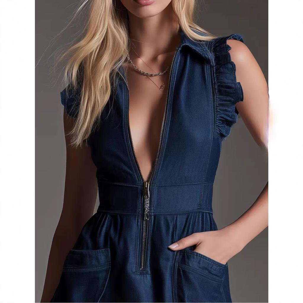 Women's Denim Sleeveless Dress with Ruffled Shoulders and Front Zipper
