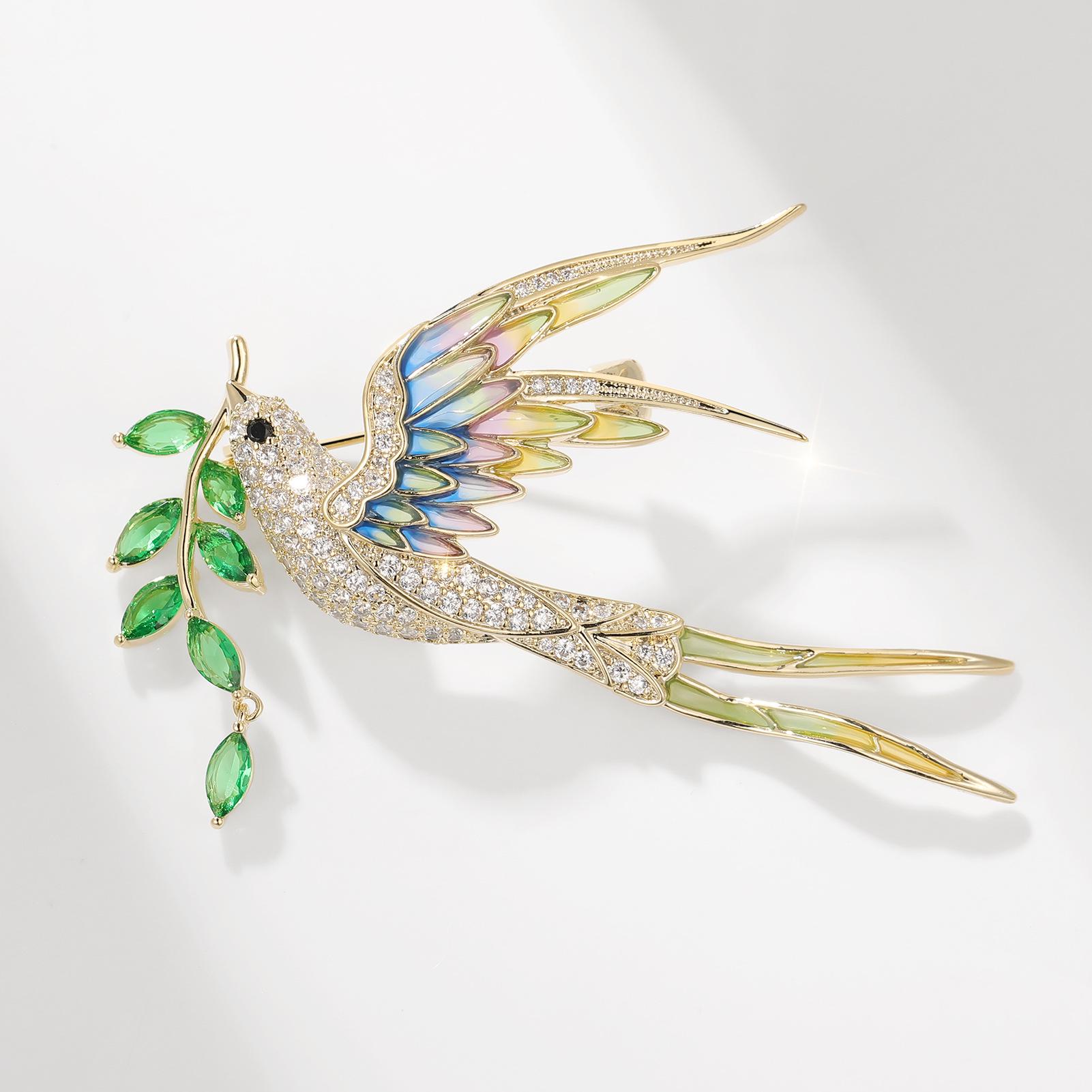 Bo Xin Yun High-end Enamel Bird Brooch with Zircon Leaf - Chinese Style Pin Accessory