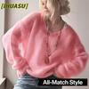 Women's Fashion Casual Solid Color Print Autumn Winter Long Sleeve O-Neck Loose Sweaters