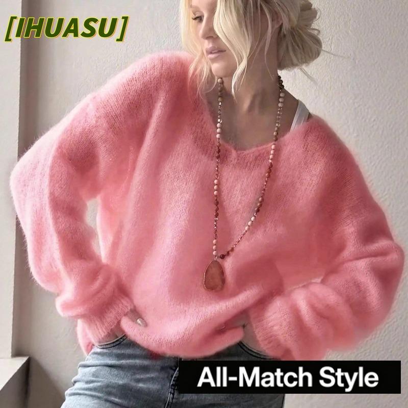 IHUASU Women's Fashion Casual Solid Color Print Autumn Winter Long Sleeve O-Neck Loose Sweaters