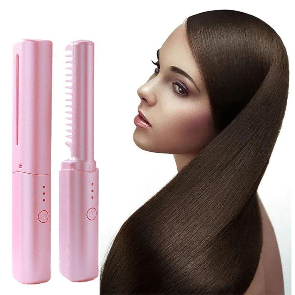 Rechargeable Lazy Wireless Hair Hot Comb 2 In 1 Fast Heating Comb Portable Hair Straightener Women