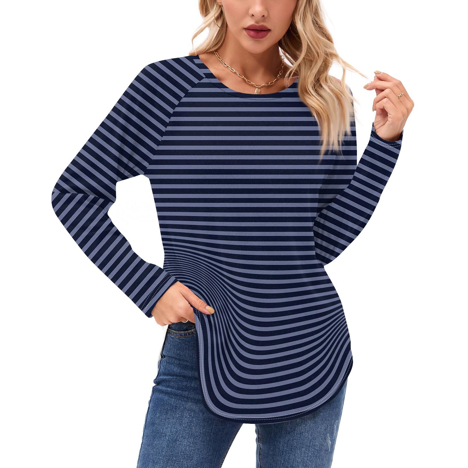 

Женские рубашки с длинным рукавом, повседневные, модные, с полосатым принтом, туники, топы, с круглым вырезом, базовая свободная футболка XL арбуз красный