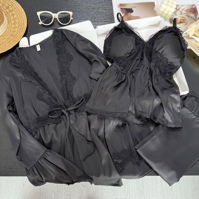 Zhao Lusi'den İlham Alan Buz İpeği Pijama Takımı: Bahar & Sonbahar İçin Uzun Kollu Üst, Askılı Üst ve Pantolonlu Fransız Tarzı Seksi Üç Parçalı Ev Giyimi.