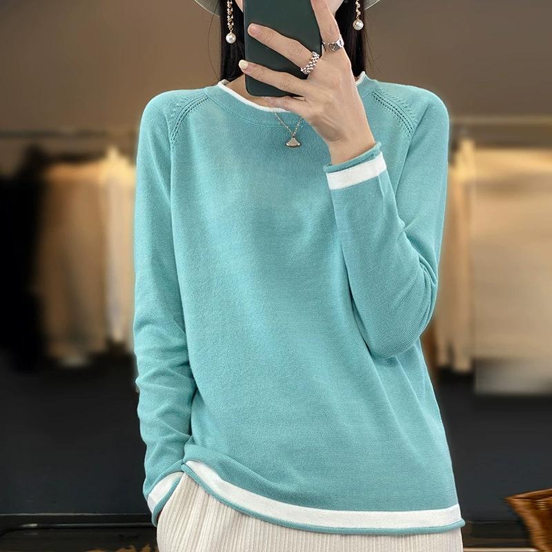 Knitwear Women's Round Neck Sweater Spring Loose Color Matching Cotton and Linen Bottoming Shir
