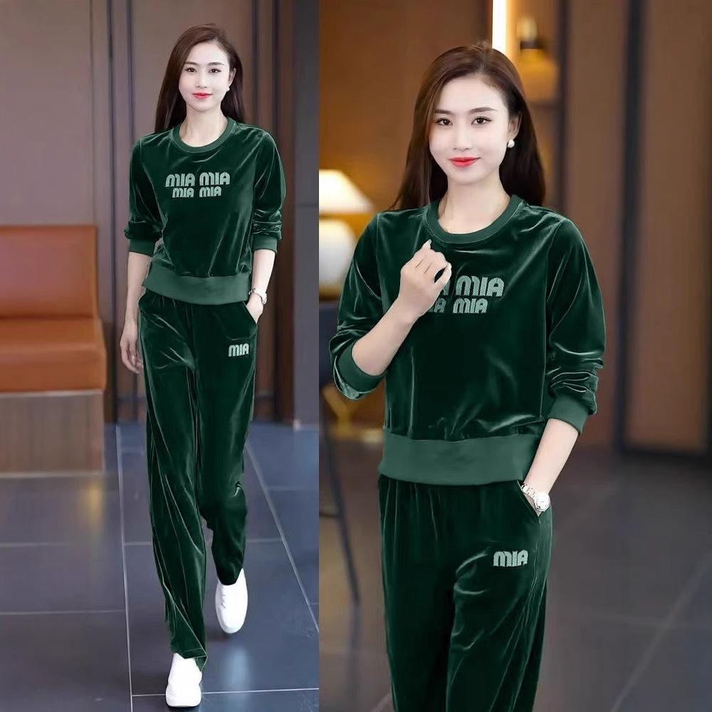 

Женский спортивный костюм из золотистого бархата, осенняя мода и повседневный комплект из двух предметов с круглым вырезом и вышитыми топами и брюками для женщин XL зелёный