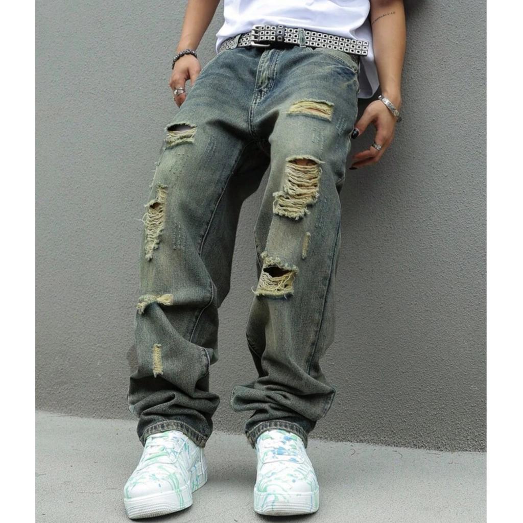 American Summer Thin Ripped Washed Retro Wide-leg Casual Straight-leg Pants Loose and Thin Jeans