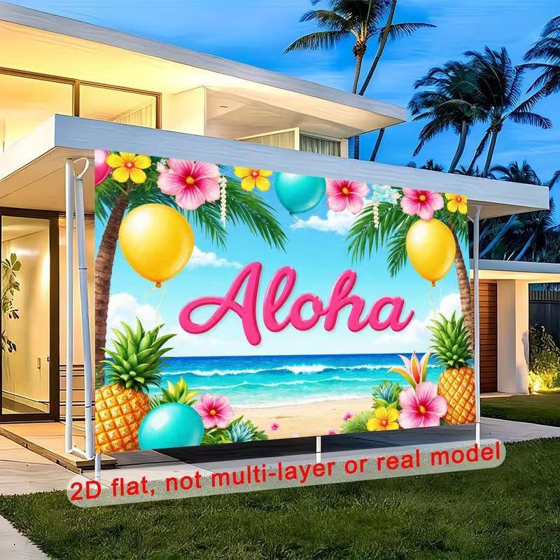 2D Luau Party Background, "Aloha" Tropical Beach & Hibiscus 2D Decor