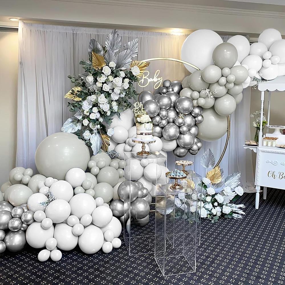Retro Grey White Balloons Garland Metal Silver Balloon Arch Kit Wedding Anniversary Birthday Party Baby Shower Decoration Globos