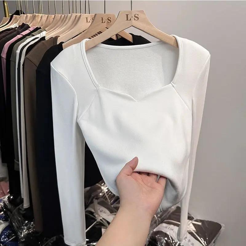 Autumn Winter Sanding Long Sleeve T Shirt Women's Plush Square Neck Short Warm Matte Autumn Clothing