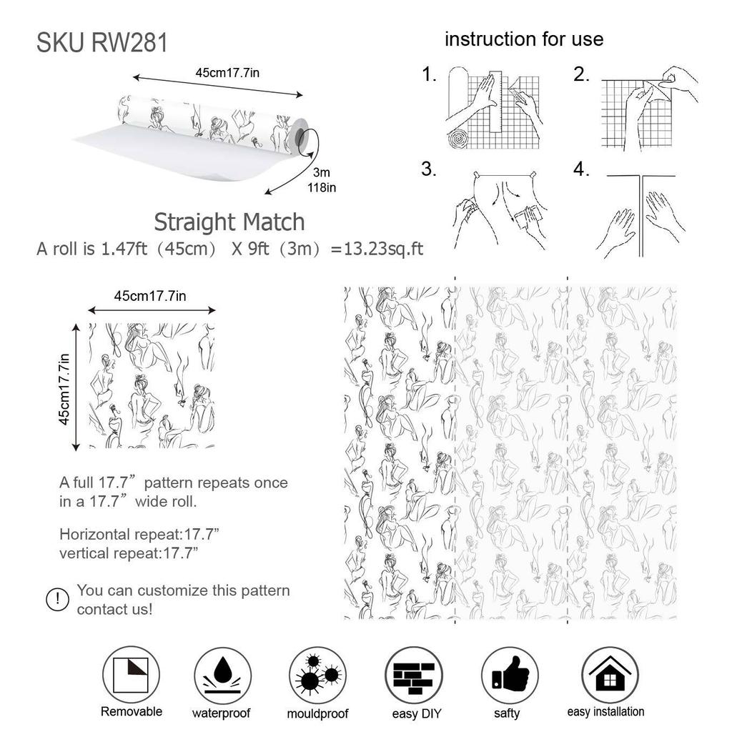 Minimalistische weibliche schwarze und weiße Linien, Wohnzimmer, Schlafzimmer, Hintergrundwand, wasserfest, feuchtigkeitsbeständig, abnehmbar, selbstklebende Tapete(45cm*300cm)