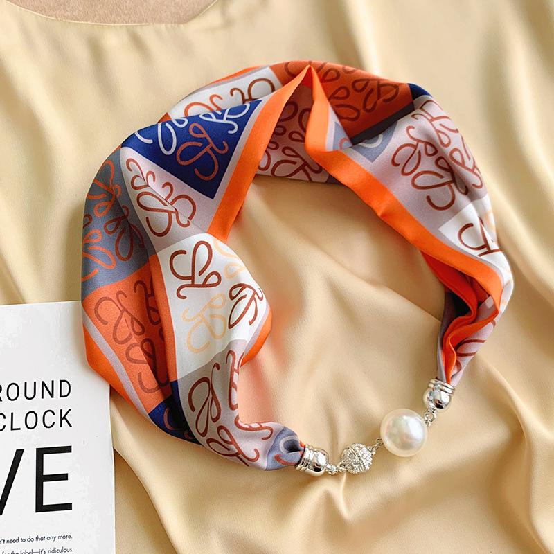 Lazy Magnetic Buckle Summer Scarf with Pearl Necklace Decoration for Women