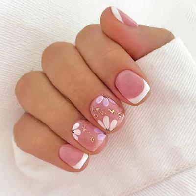 24 Pièces Texture givrée fleur courte douce Faux ongles français boîte 24 pièces