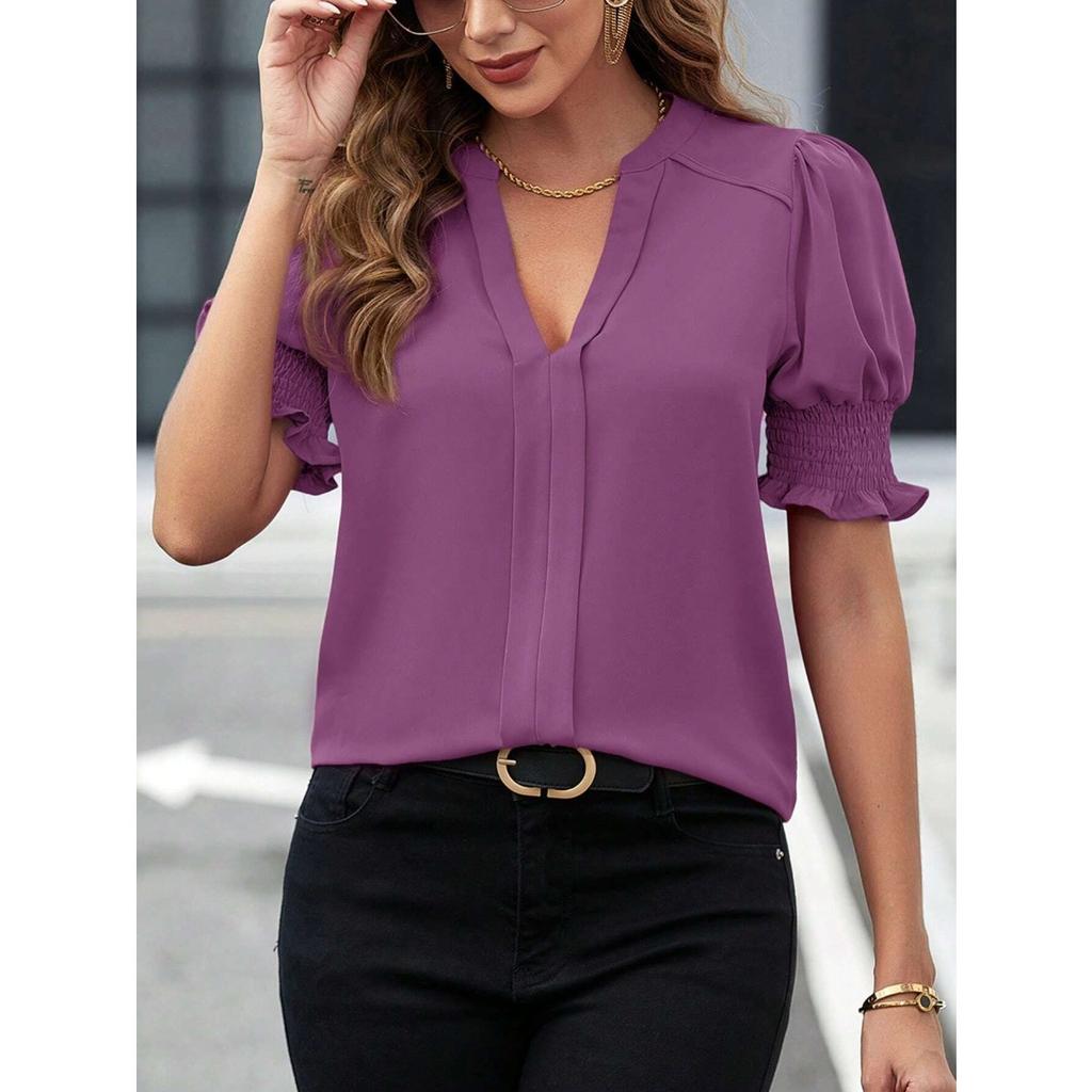 Blusa da Donna Scollo a V Manica Corta a Palloncino Vestibilità Regolare Casual Monocolore Top con Polsino Arricciato