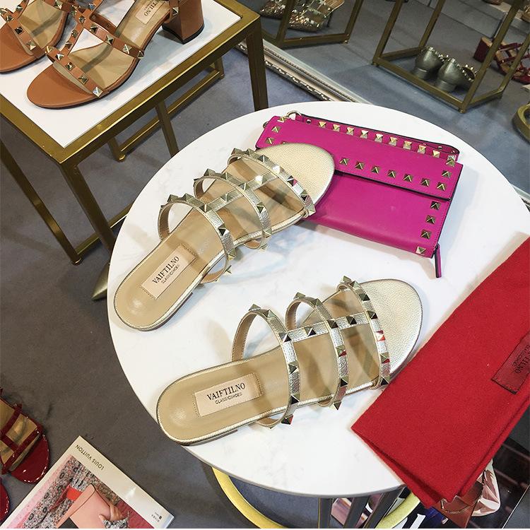 Women's Sandals Summer Woman Heeled Slipper Sandals Leather Brand Rivets High Heels Gladiator Ladies Shoes