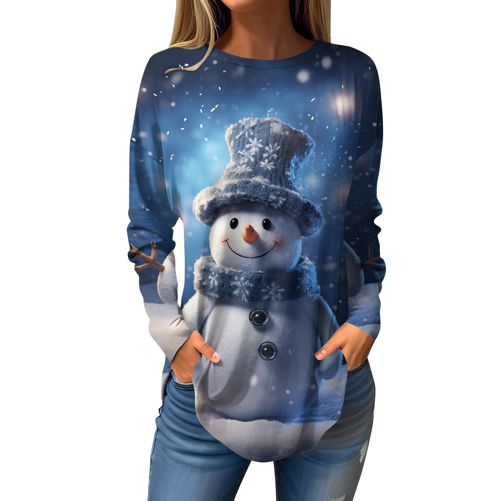 

Женская свободная футболка с круглым вырезом и рождественским принтом, с длинными рукавами, топ, пуловер, футболки с длинными рукавами XXXL