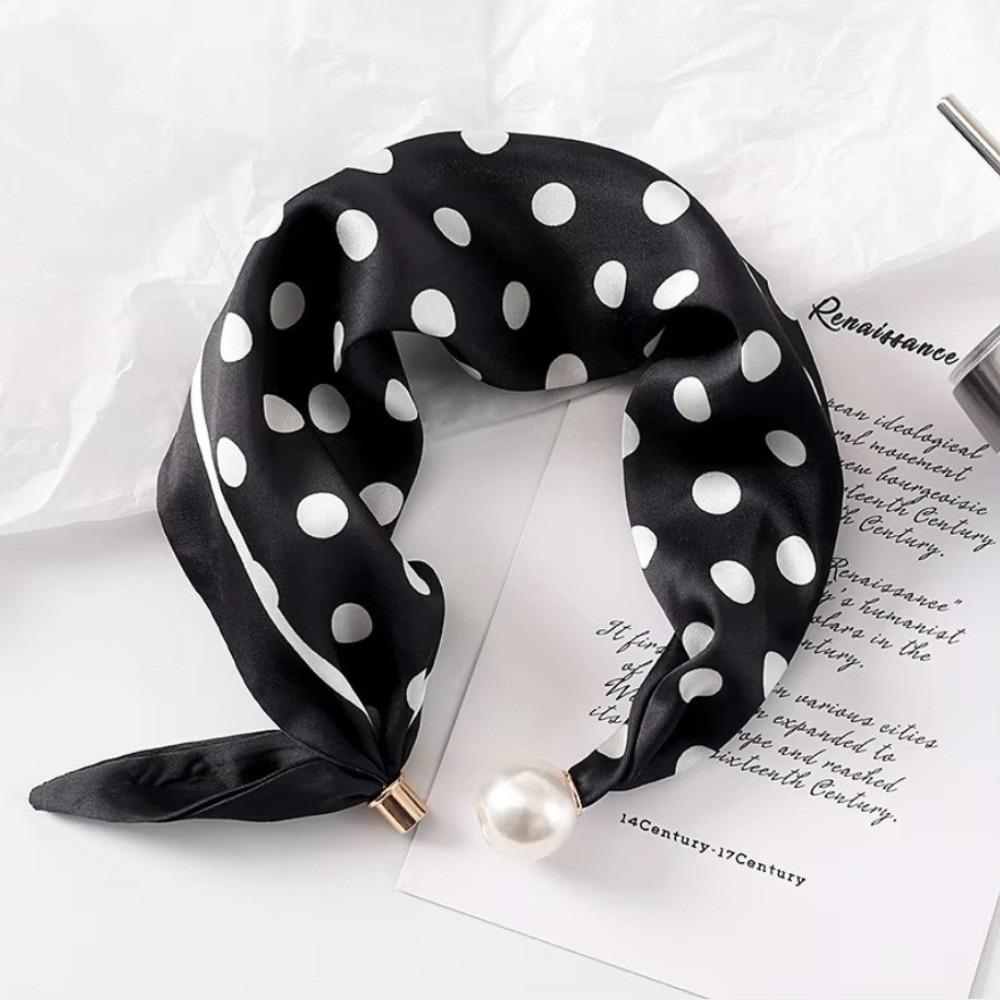 Polyester Pearl Decoration Scarf Chic Silk Scarf High End Neck Scarf  Spring Summer Black Dot