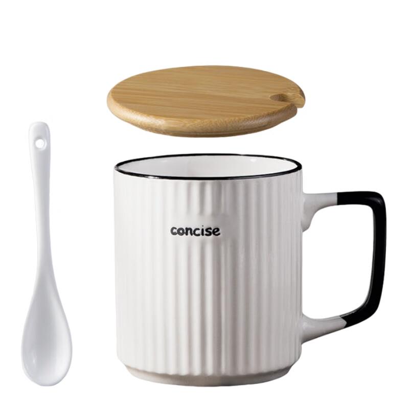 Japanese Style Vertical Striped Ceramic Mug with Lid & Spoon, 400ml
