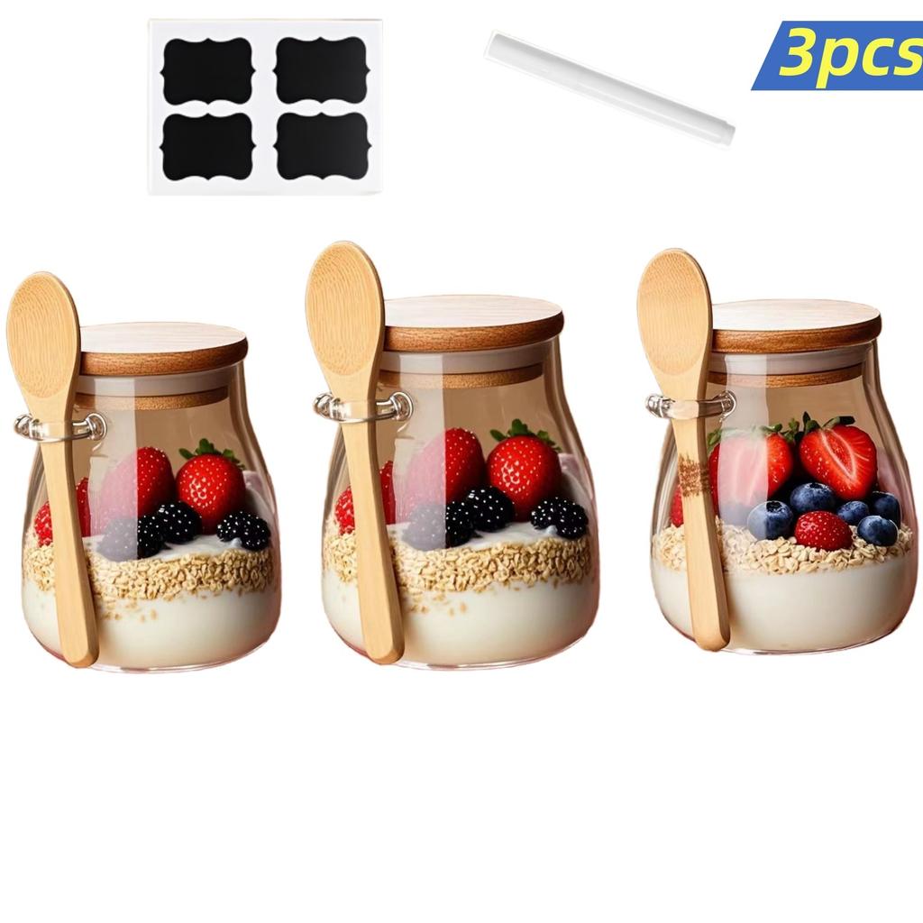 1/2/3/4Pcs, 330ml Glass Cup, Salad Bowl, Glass Jar with Lid, Glass Oatmeal Cup, Modern Round Kitchen Glass Storage Jar, Glass Sealed Jar Oatmeal Jar w