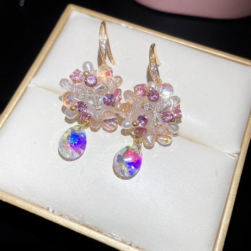Pink Bubble~ Super Beautiful Zircon Resin Flower Ear Hook French Sweet Versatile Stud Earrings Great Looking Fairy Earrings
