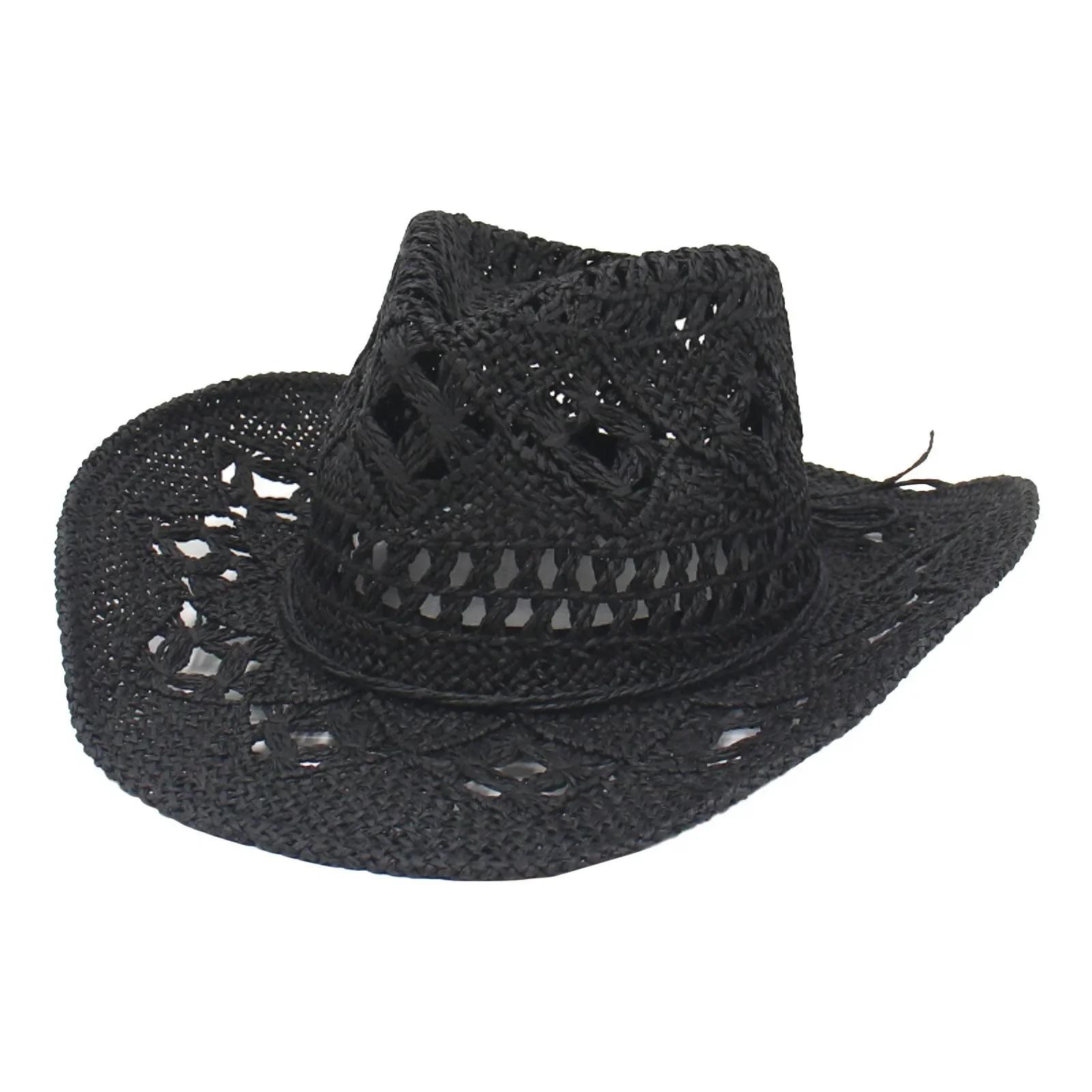 

Summer BeachFor Women Outdoor Cowboy Hats Fashion Holiday Vacation Travel Boho Hats Solid Color Straw Sun Brim One Size чорний