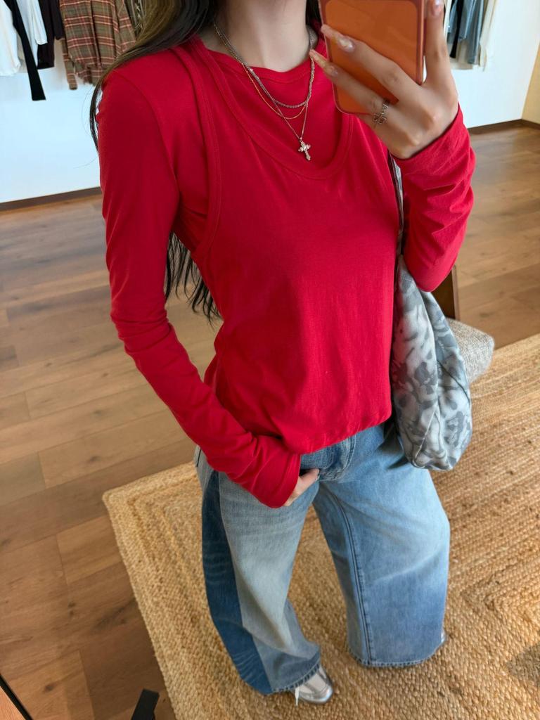 Nanyou T Row Wind Pure Cotton Layered Tank & Long Sleeve Set - Skin-Friendly, Versatile, Round Neck Women's Top