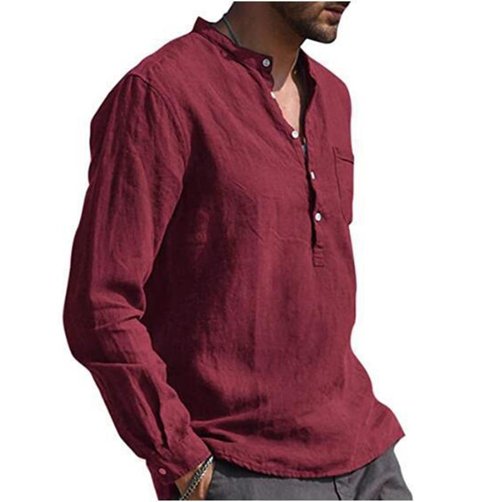 Camicie a maniche lunghe da uomo in cotone e lino, colletto alto, tinta unita estiva, stile casual da spiaggia, taglie forti