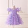 Children's Puff Sleeve Princess Dress with Applique Bow - Formal Wear for Weddings and Festivals.