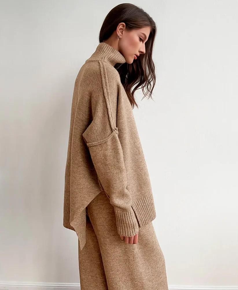 2025 Autumn/Winter Casual Solid Color Knitted Sweater Set: Loose High Neck and Pants