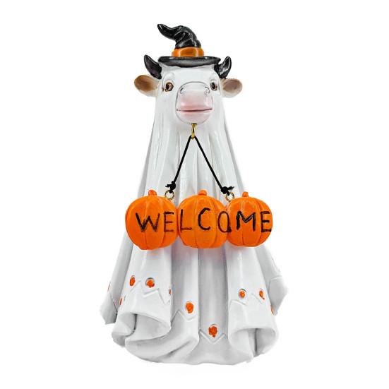 

Yousheng Halloween Porch Ghost Figurine Resin Cow Goose Cat Statue with Pumpkin Bucket or Welcome Sign for Indoor Outdoor Yard Lawn Shelf Table Decor Cow