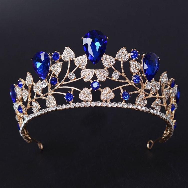 New Arrival Magnificent Blue Red Rhinestone Bridal Crown Tiaras Fashion Golden Diadem for Women Wedding Hair Accessories Jewelry