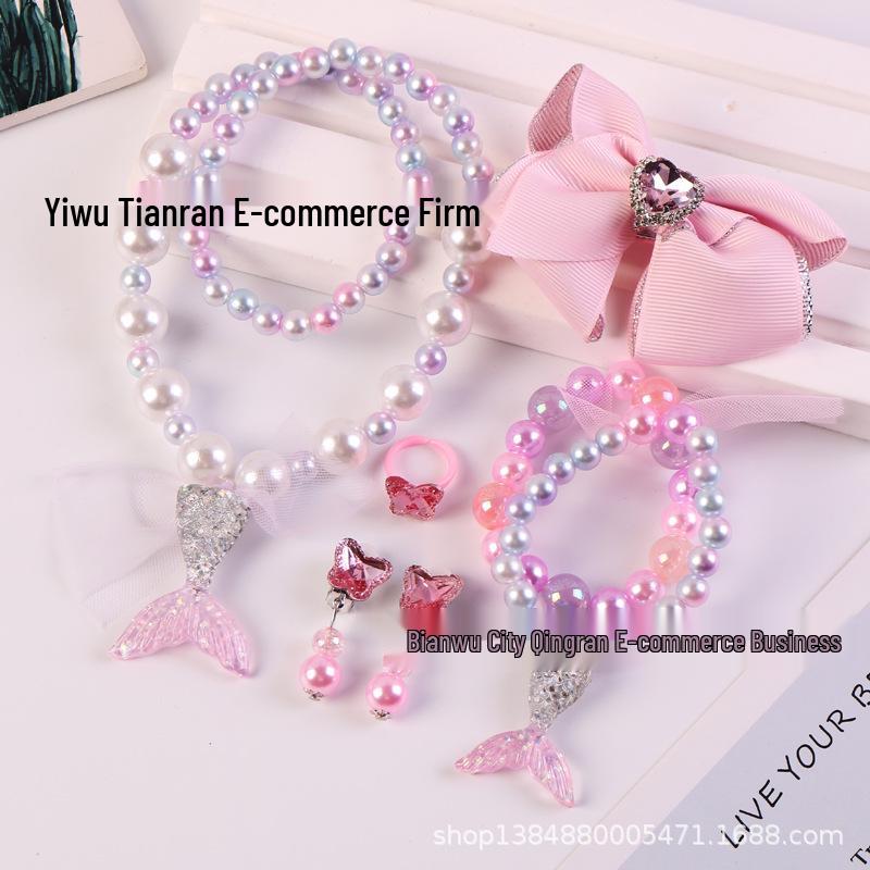 Colar de Pérolas de Sereia e Conjunto de Acessórios de Princesa para Meninas - Conjunto de 5 Peças para Presente de Feriado