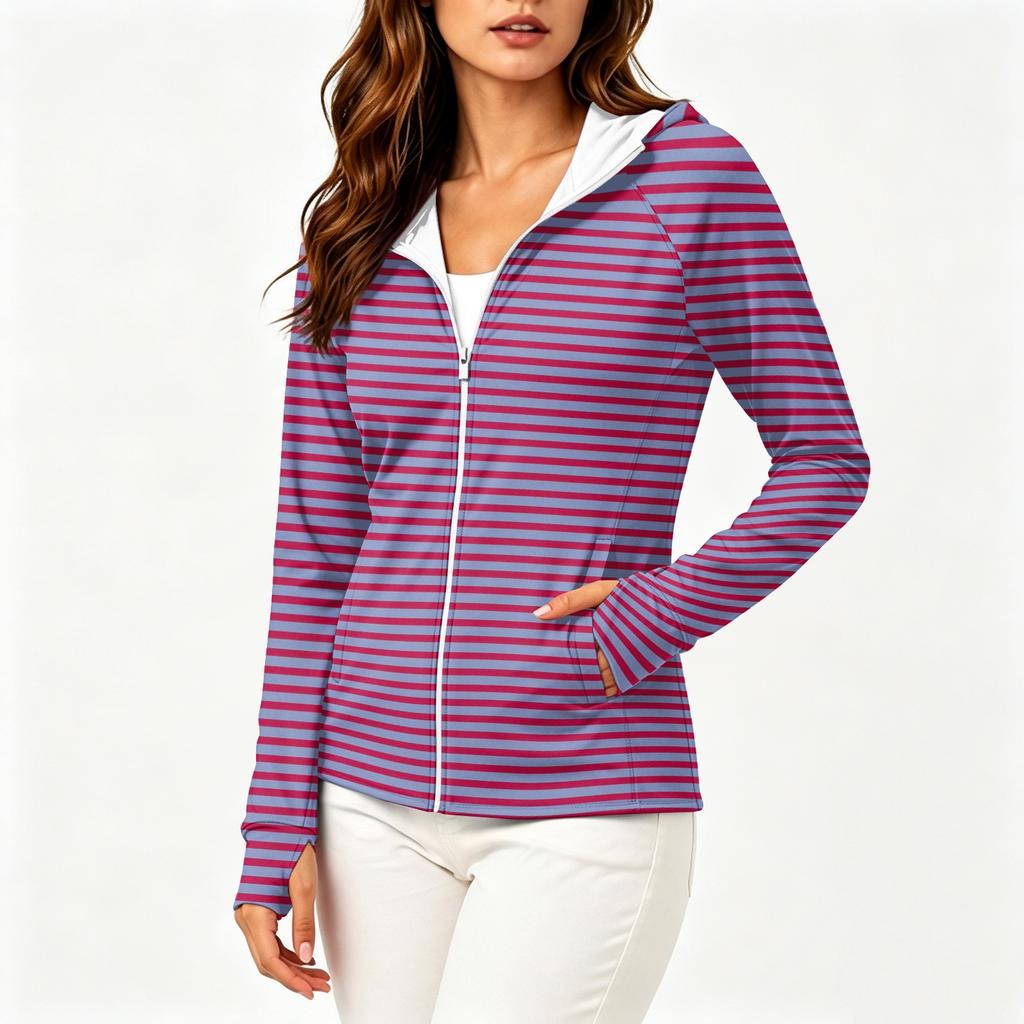 Women's Fashion Zip Up Hoodie Lightweight Long Sleeve Hooded Jacket with Pockets and Printed Design for Sun Protection