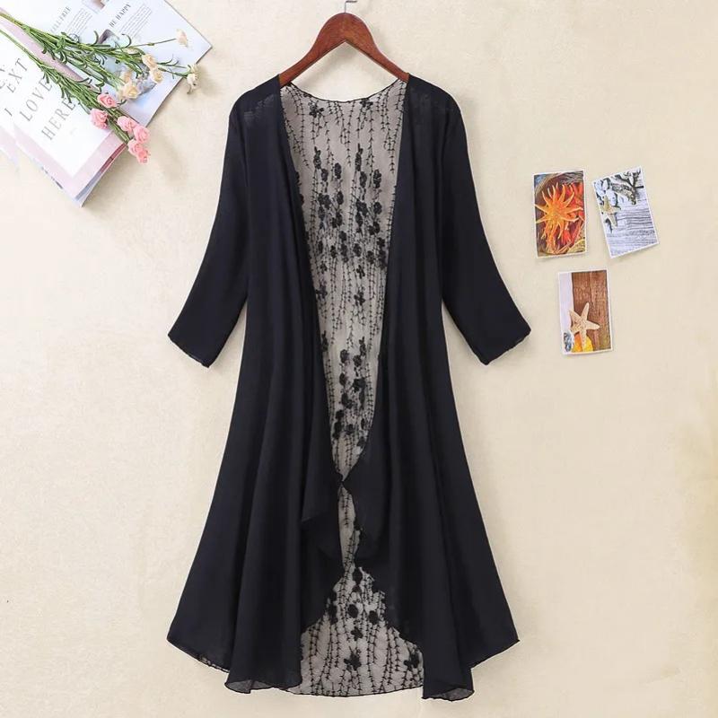 Summer Women Midi Long Embroidery Shawl Cardigan Casual Thin Irregular Cotton Linen Cardigans Lady Sun Protection Clothing